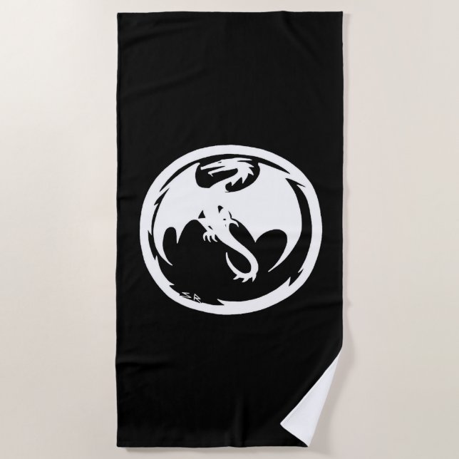 Weißer Drache, schwarzes Strandhandtuch (Vorderseite)