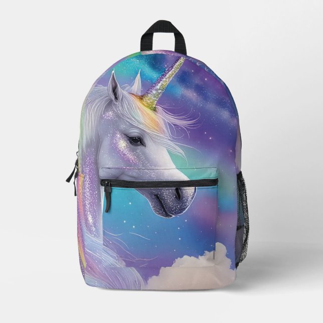 Weißer Einhorn Glitzern Magischer Regenbogen-Glitz Bedruckter Rucksack (Vorderseite)