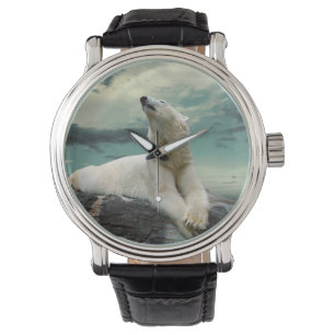 Weißer Eisbär-Jäger auf Felsen Armbanduhr