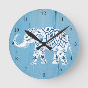 Weißer Elefant-blaues hölzernes Muster Runde Wanduhr