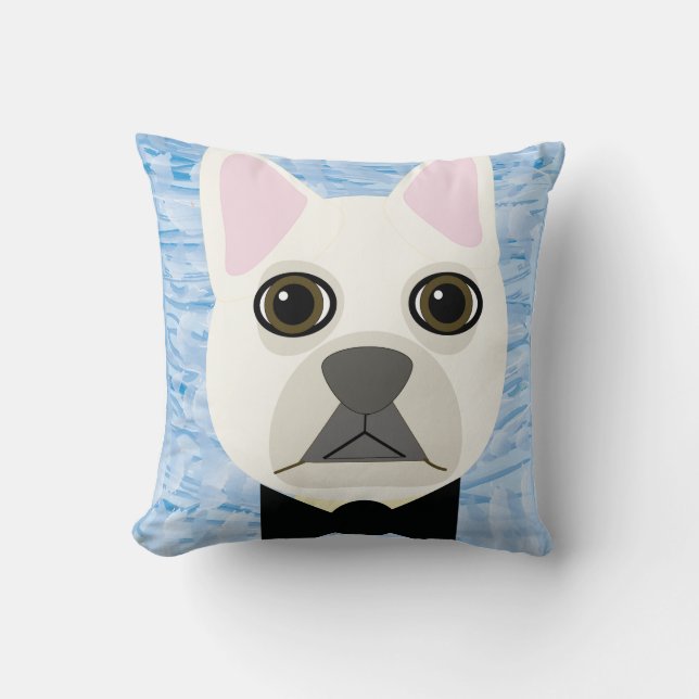 Weißer Französischer Bulldog, blau Kissen (Vorderseite)