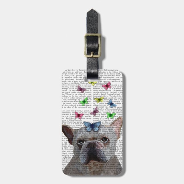 Weißer Französischer Bulldog und Schmetterlinge Gepäckanhänger (Vorderseite vertikal)
