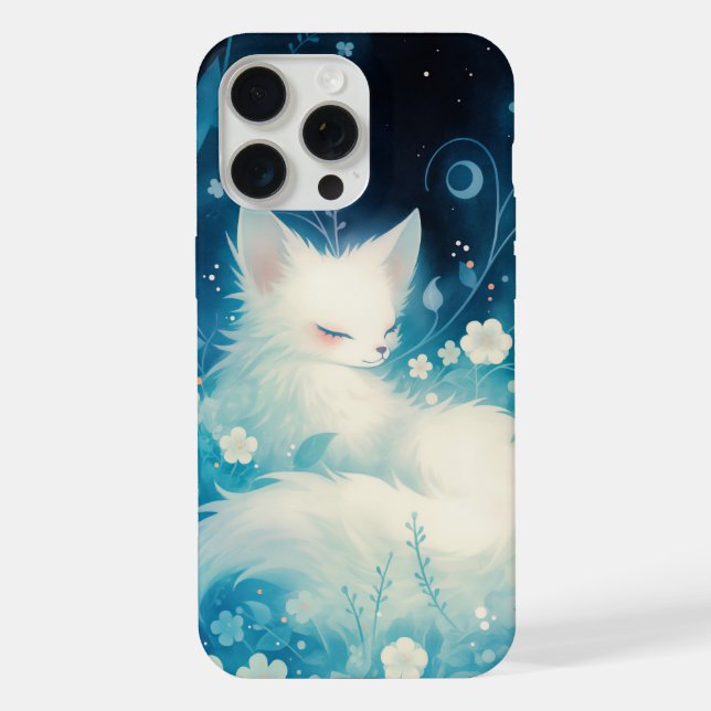 Weißer Fuchs schlummernd in Blumen iPhone 15 Pro Max Hülle (Rückseite)