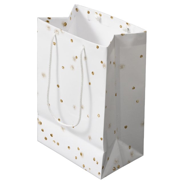 Weißer Glitzer Konfetti Funkeln        Mittlere Geschenktüte (Vorderseite Schrägansicht)