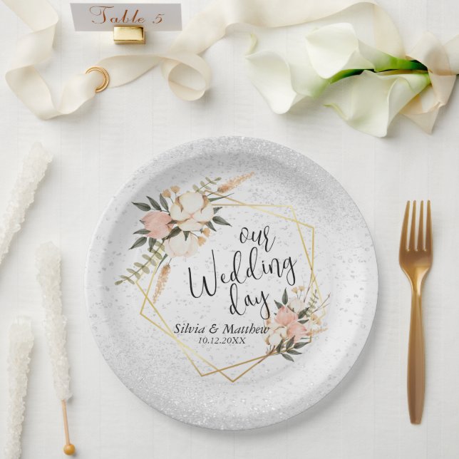 Weißer Glitzer und Pfirsichfarben Pappteller (Hochzeit)