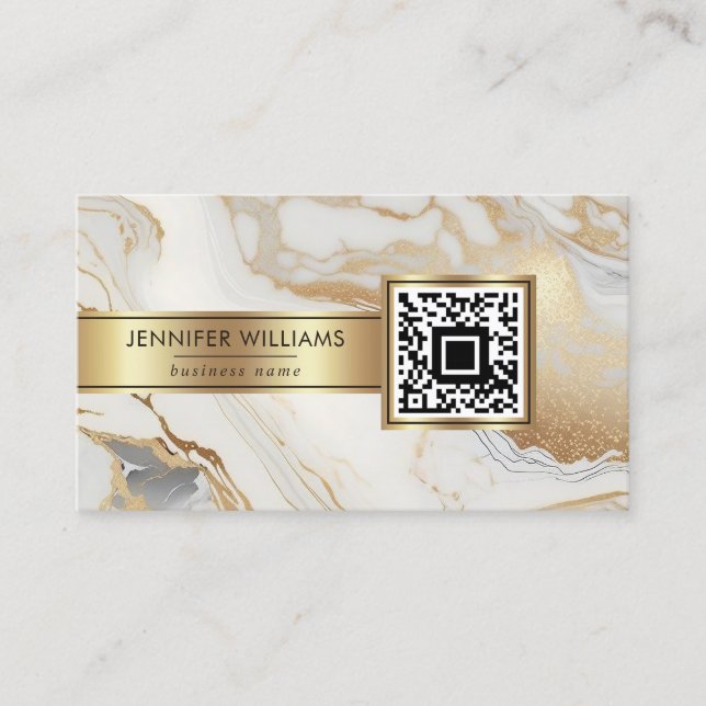 Weißer Goldmarmor Eleganter moderner QR-Code Visitenkarte (Vorderseite)