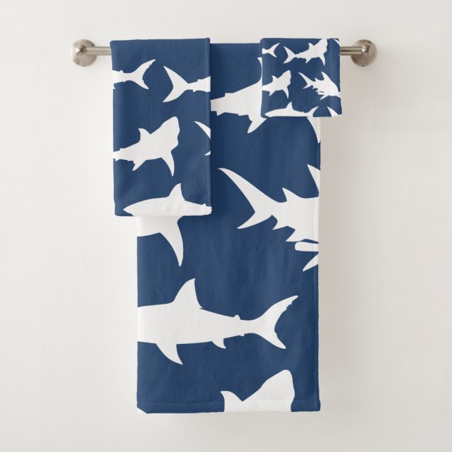 Weißer Haifisch-Silhouetten u. Ozean-Blau Badhandtuch Set (Insitu)