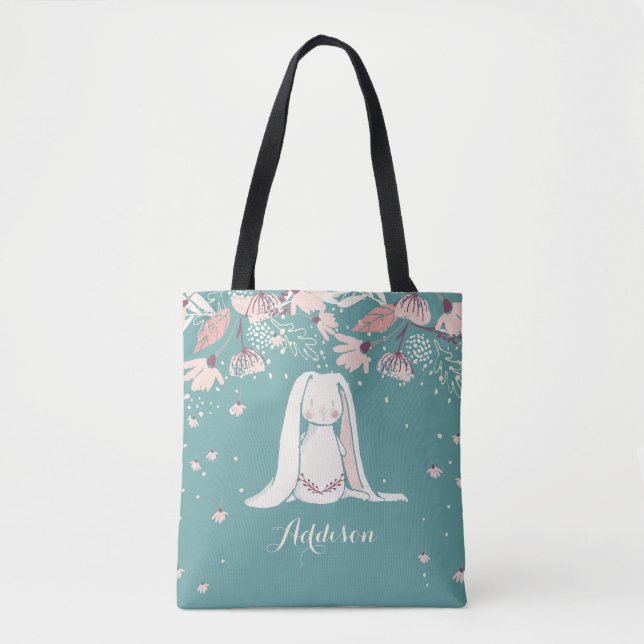 Weißer Häschen-u. der Blumen-| individueller Name Tasche (Vorderseite)