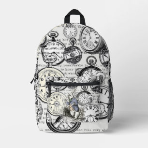 Weißer Hase Alice Wunderland Uhren Kunst Bedruckter Rucksack