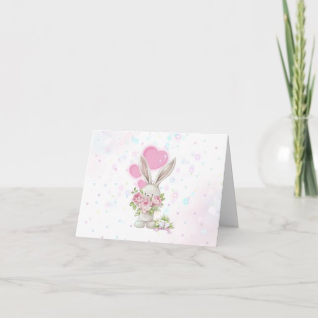 Weißer Hase mit Big Pink Blume & Herz Dankeskarte (Vorderseite)