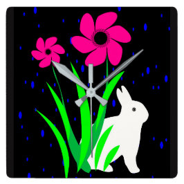 Weißer Hase mit Blume Wall Clock von Julie Quadratische Wanduhr