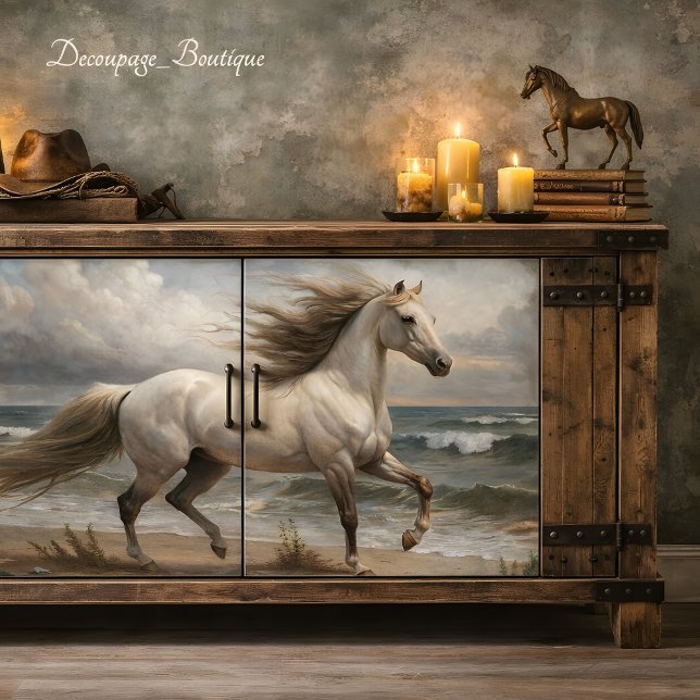 Weißer Hengst am Meer Dekoupage Seidenpapier (White Stallion By The Sea Decoupage Tissue Paper Mockup)