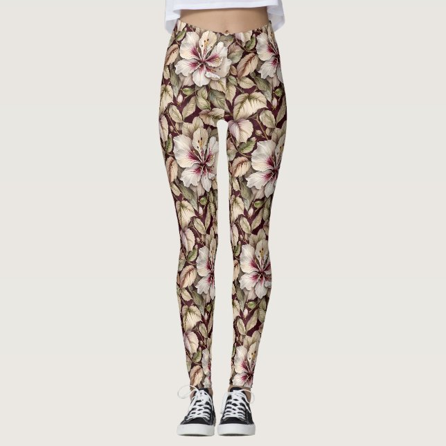Weißer Hibiskus auf Maroon Leggings (Vorderseite)