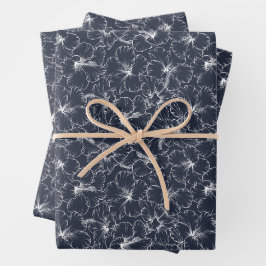 Weißer Hibiskus Floral auf Navy Blue Geschenkpapier Set