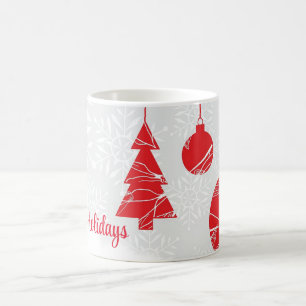 Weißer Hintergrund mit Schneeflocken und roten Bal Kaffeetasse