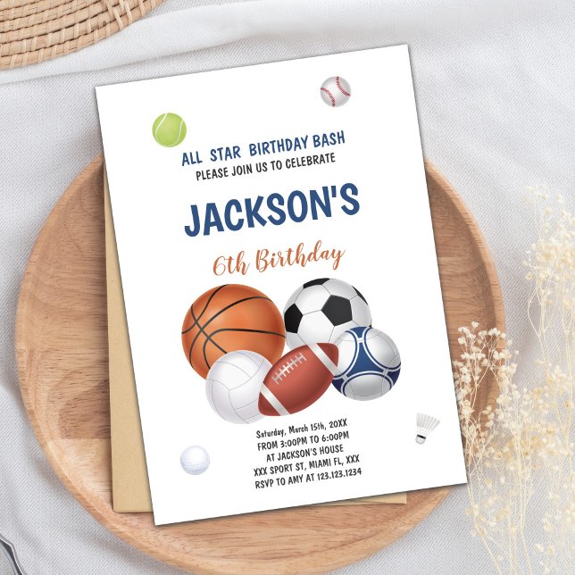 Weißer Hintergrund Sport Geburtstagsfeier Einladun Einladung (White Sports Birthday Invitations)