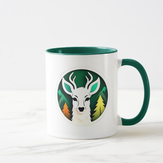 Weißer Hirsch auf dem Grund eines Waldes. Tasse (Rechts)