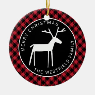 Weißer Hirsch Roter Büffel Kariert Frohe Weihnacht Keramik Ornament