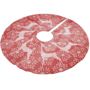 Weißer Hirsch und Schneeflocken Roter Weihnachtsba Polyester Weihnachtsbaumdecke