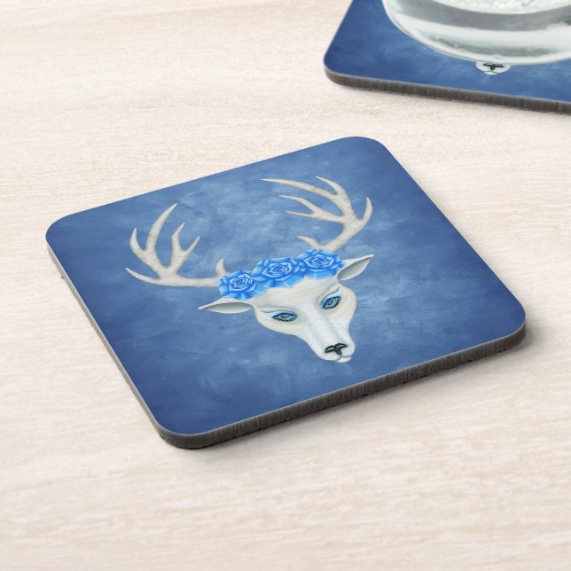 Weißer Hirschkopf Blaue Augen Antler Rose Getränkeuntersetzer (Linke Seite)