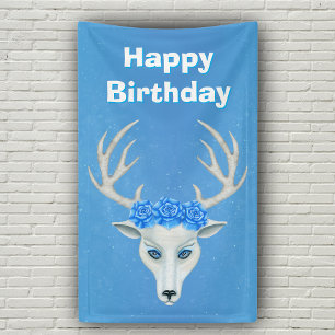 Weißer Hirschkopf Große Antler Blaue Rose Geburtst Banner
