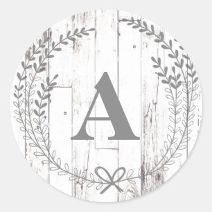 Weißer Holz-Rustikal-Bauernhaus-Monogramm-Buchstab Runder Aufkleber
