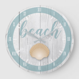 Weißer hölzerner Druckküstenseashell u. Seaglas Große Wanduhr