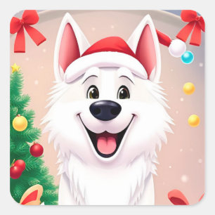 Weißer Hund in Santa-Mütze Quadratischer Aufkleber