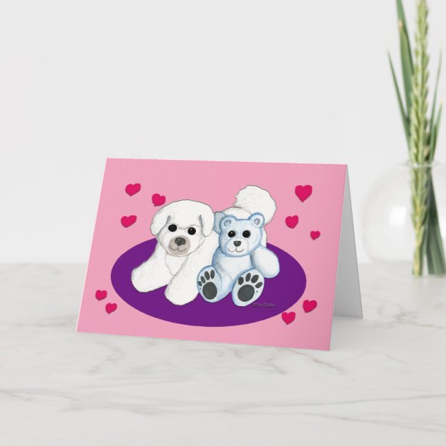 Weißer Hund und Teddy Valentine Feiertagskarte (Vorderseite)