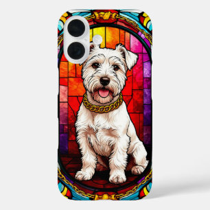 Weißer Hundeporträt in Glasmalerei-Kunstwerk iPhone 16 Hülle