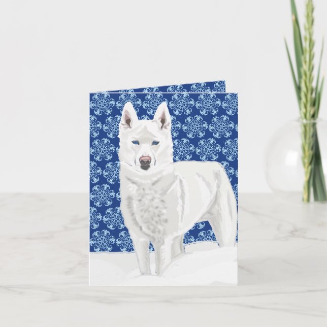Weißer Husky gegen Schneeflocken und dunkelblauer  Karte (Vorderseite)