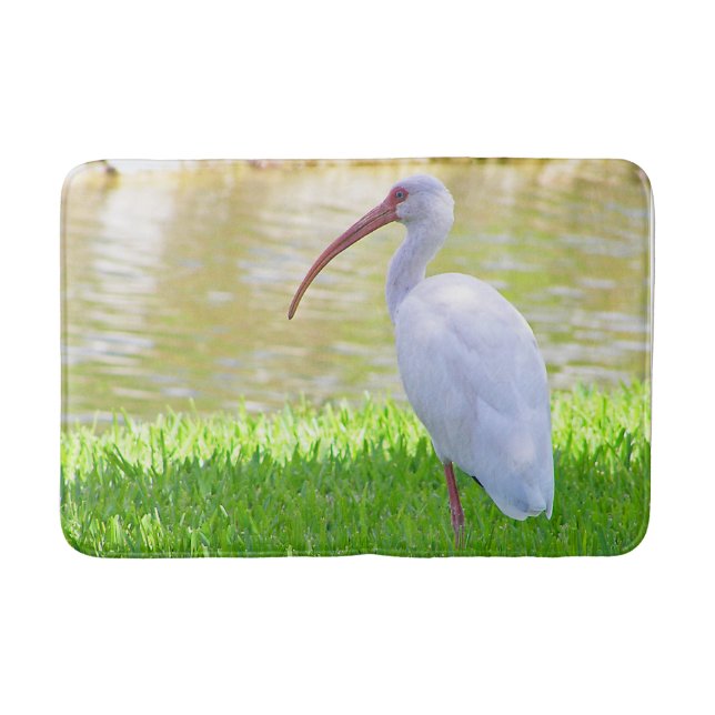 Weißer Ibis-Wasservogel auf einem Bein im Gras-Fot Badematte (Vorderseite)