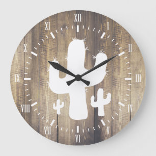 Weißer Kaktus u. Imitat hölzern Große Wanduhr