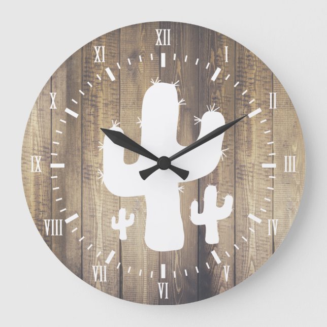 Weißer Kaktus und Imitate Holz Große Wanduhr (Vorderseite)