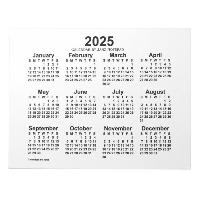 Weißer Kalender 2025, 11x8.5, Notepad Notizblock (Vorderseite)