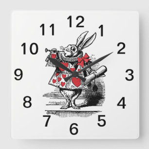 Weißer Kaninchen-Hof-Trompeter Alice im Wunderland Quadratische Wanduhr