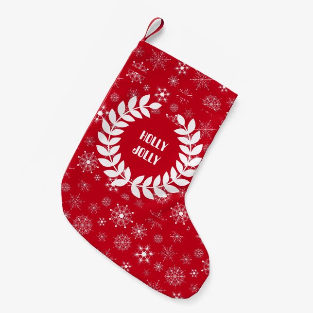 Weißer Kranz und Abstraktes Schneeflockenmuster Kleiner Weihnachtsstrumpf (Vorderansicht (hängend))
