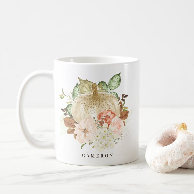 Weißer Kürbis mit Goldener Glitzer Herbst Kaffeetasse (Mit Donut)