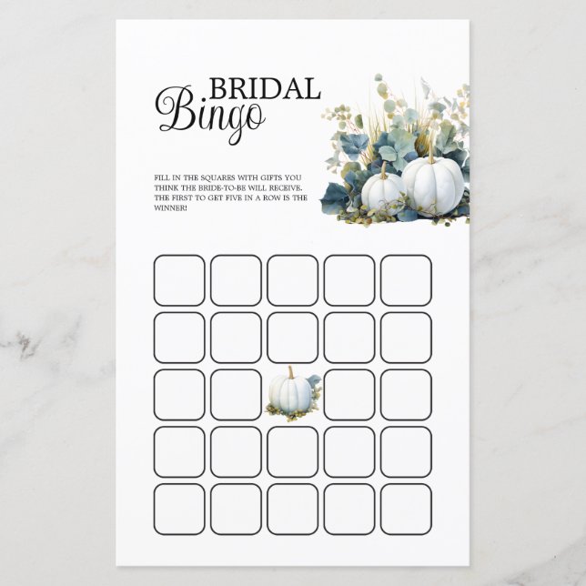 Weißer Kürbis und Eukalyptus-Brautparty Bingo (Vorderseite)