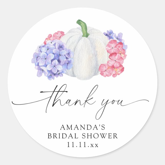 Weißer Kürbis und Hydrangea-Blume Brautparty Runder Aufkleber (Vorderseite)