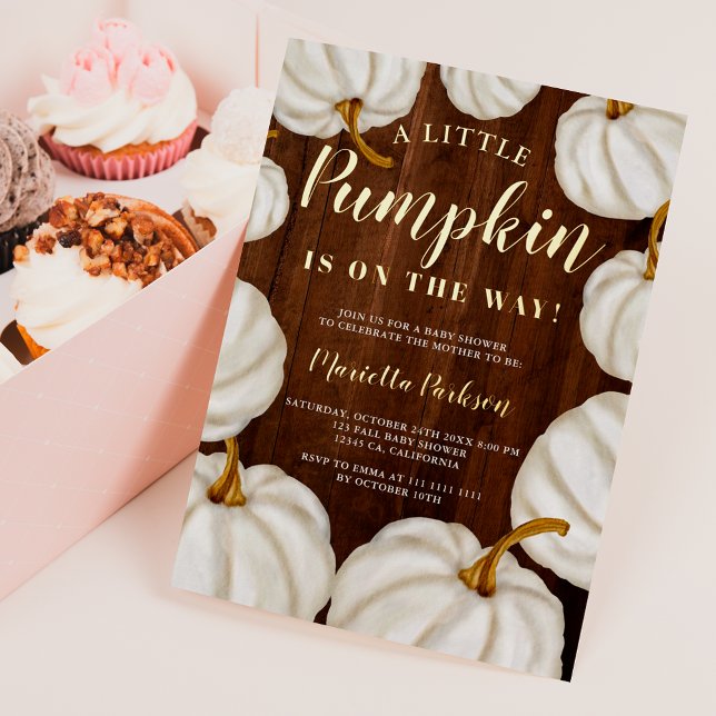 Weißer Kürbisholzfall Babydusche Folieneinladung (White Little pumpkin wood fall baby shower Foil Invitation)