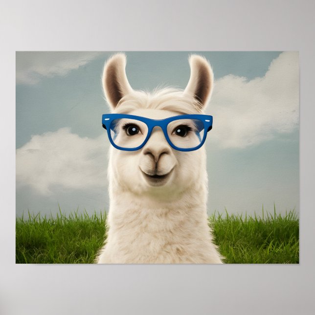 Weißer Lama mit Blauer Brille Poster (Vorne)