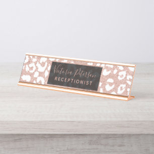Weißer Leopardmuster Chic-Rosen-GoldGlitter Schreibtischnamensplakette