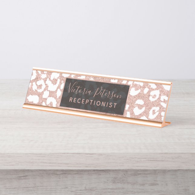 Weißer Leopardmuster Chic-Rosen-GoldGlitter Schreibtischnamensplakette (Vorderseite )