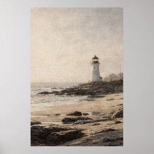 Weißer Leuchtturm an einer felsigen Küste Poster