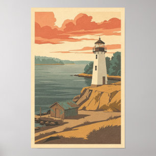 Weißer Leuchtturm auf ockerfarbener Landspitze Ret Poster