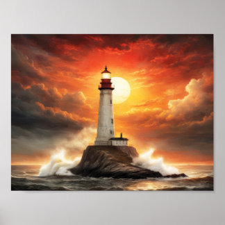 Weißer Leuchtturm in einem stürmischen Meer bei So Poster