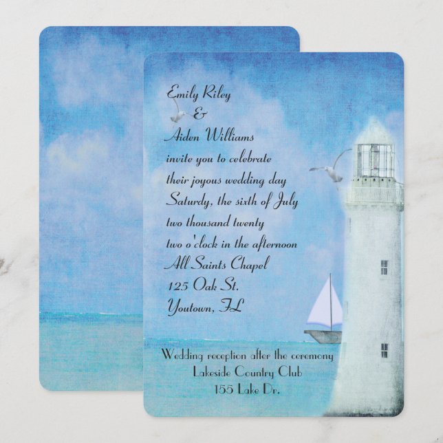 Weißer Leuchtturm und Hochzeit von Segelbooten Einladung (Vorne/Hinten)