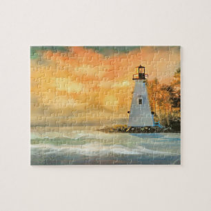 Weißer Leuchtturm und Sonnenuntergangs-Puzzle