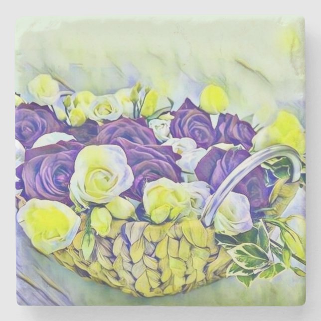 Weißer Lila Korb von Rose Aquarellmalerei Steinuntersetzer (Vorderseite)